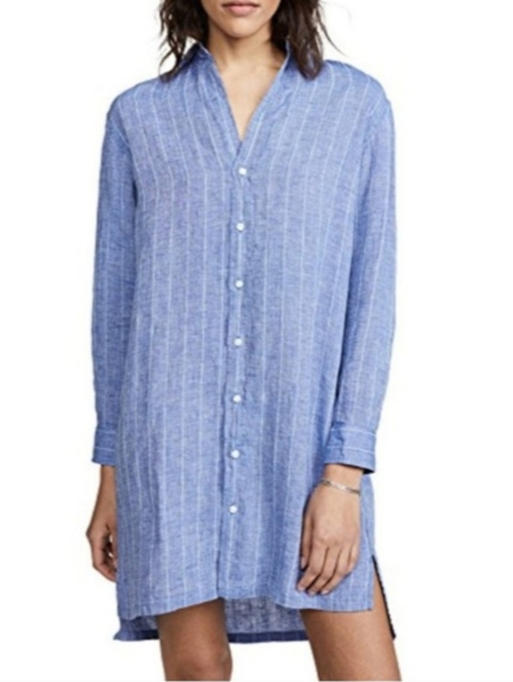 Frank & Eileen Long-sleeve button-down shirt in light blue stripes, tunic style.